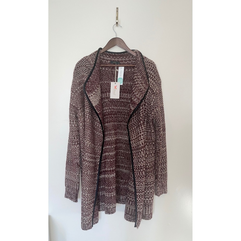 THML Lucine Faux Leather Trim Open Front Cardigan Burgundy NWT‎ | XL